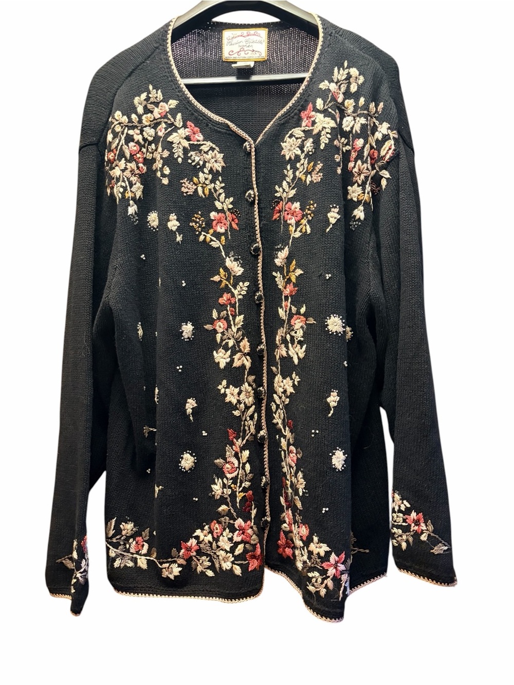 Vintage Heirloom Collectibles Embroidered Cotton Cardigan Sweater Black Plus Sz